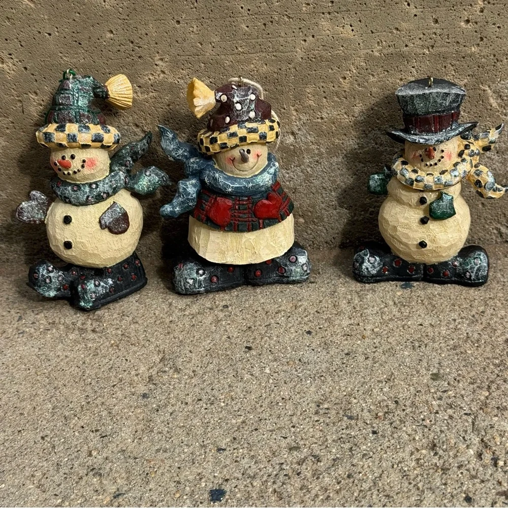 VTG Longs Snowmen Ornaments Set of 3 Glittery Christmas Decor‎